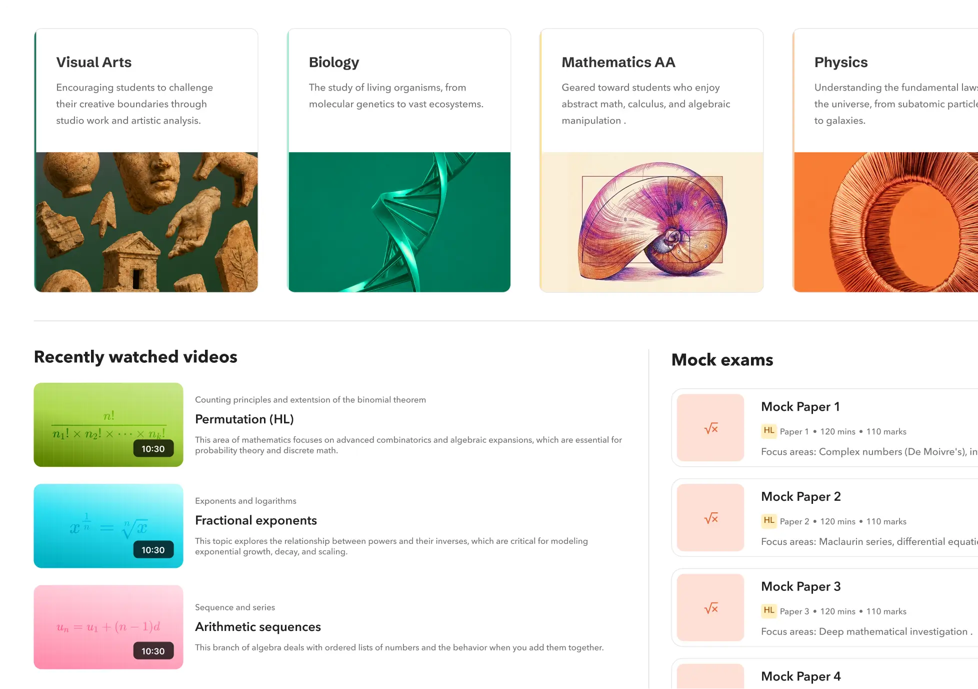 The GrowHall app showing IBDP subject cards, recently watched lesson videos and mock exam papers